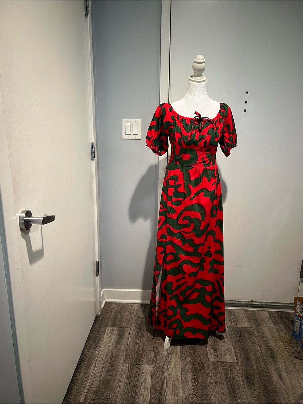 Red & Green Abstract Swirl Maxi Dress